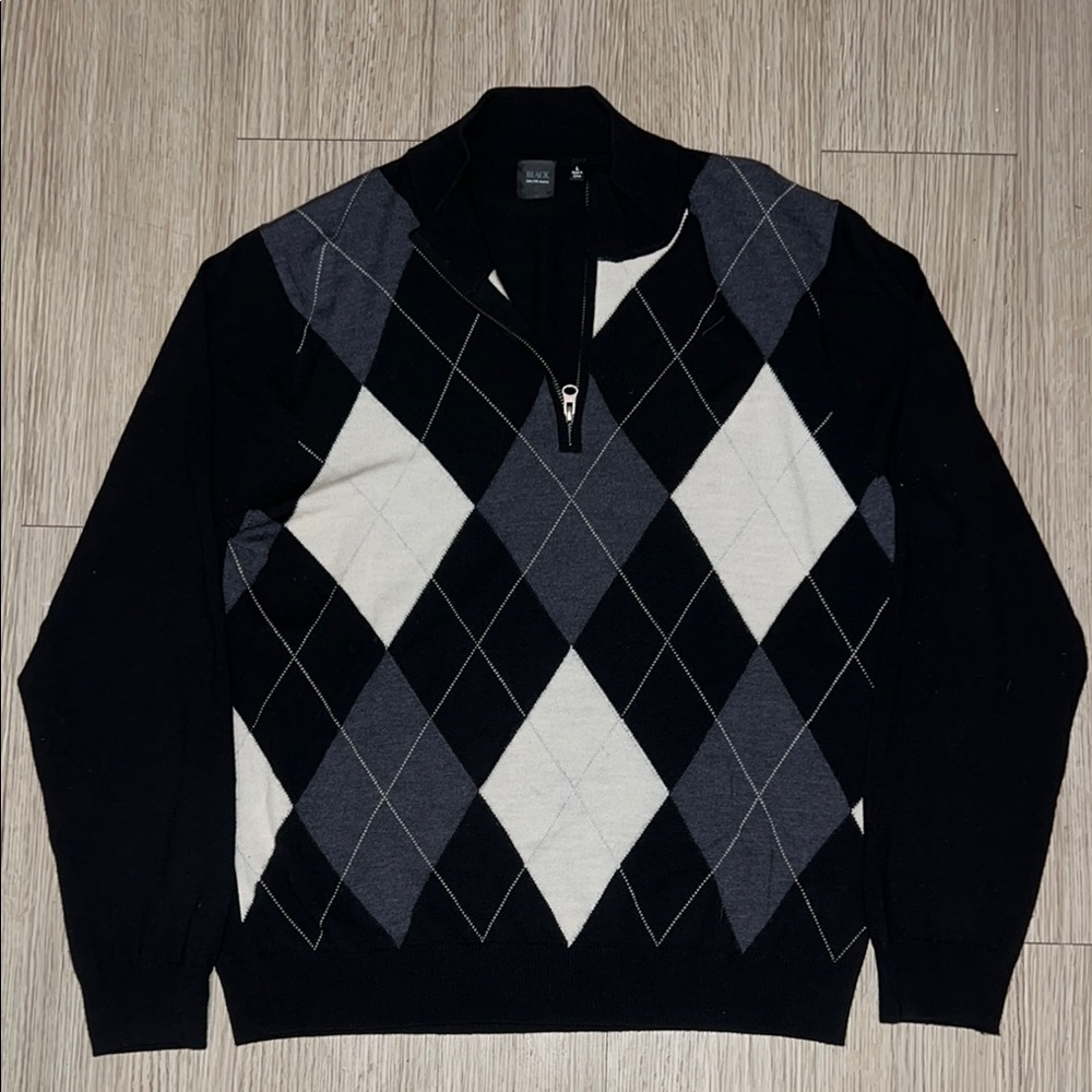 Black Saks Fifth Ave Size Large Men's Wool Black and Gray Argyle Sweater